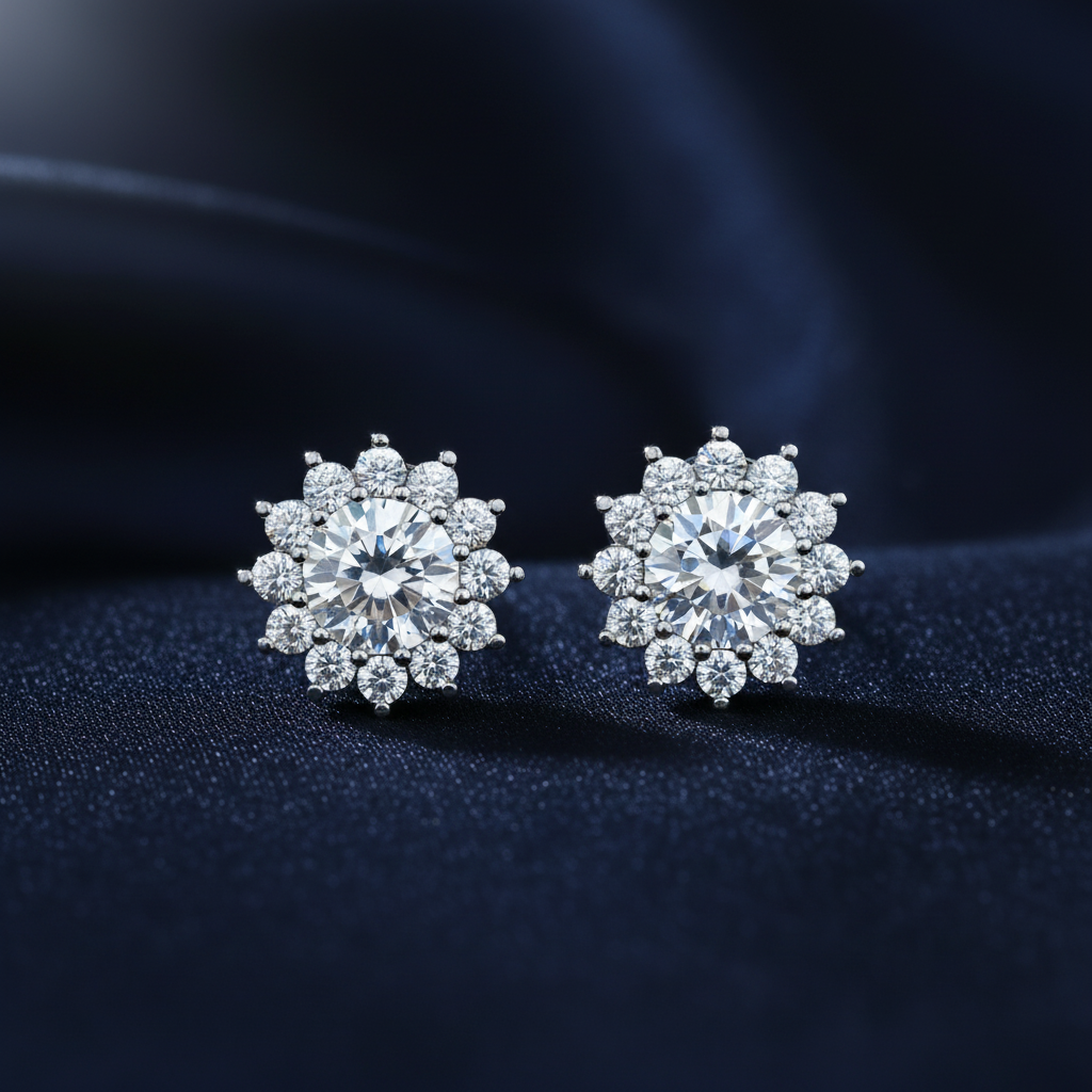 Floral Halo Diamond Earrings on Navy Blue Silk