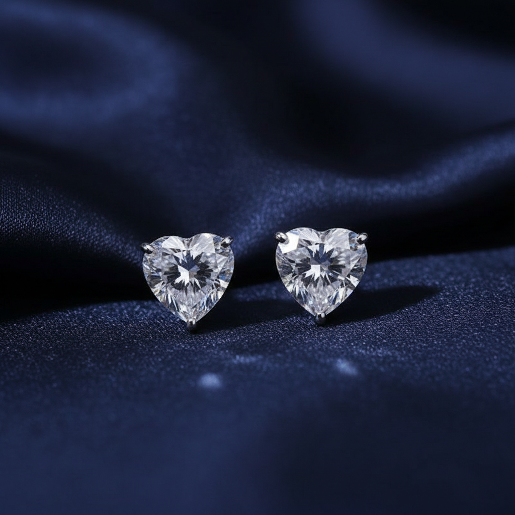 Heart Diamond Earrings on Navy Blue Silk
