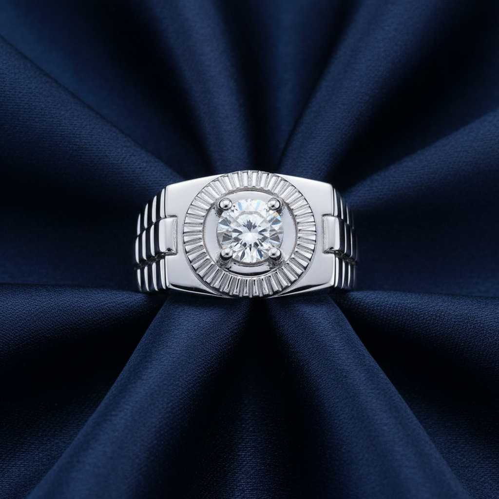 Men's Silver Ring Flat Lay on Navy Blue Silk