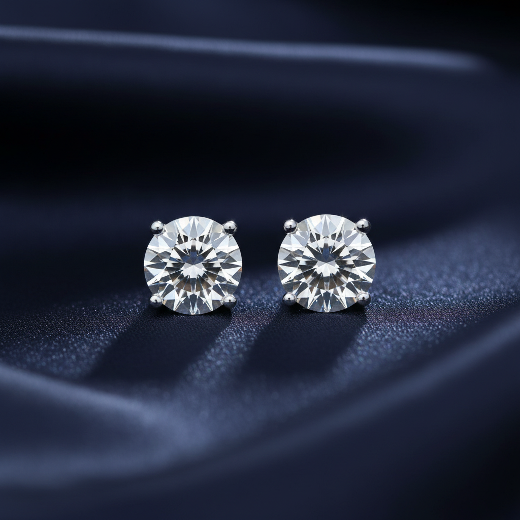 Round Diamond Stud Earrings on Navy Blue Silk
