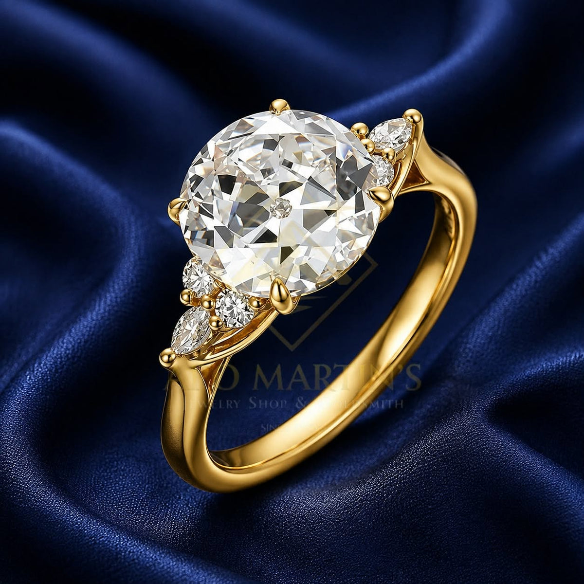 A yellow gold engagement ring with a large round-cut center stone and smaller marquise-cut side stones, displayed on a draped navy blue satin fabric. A faint 'O'MARTIN'S' watermark is visible on the image.