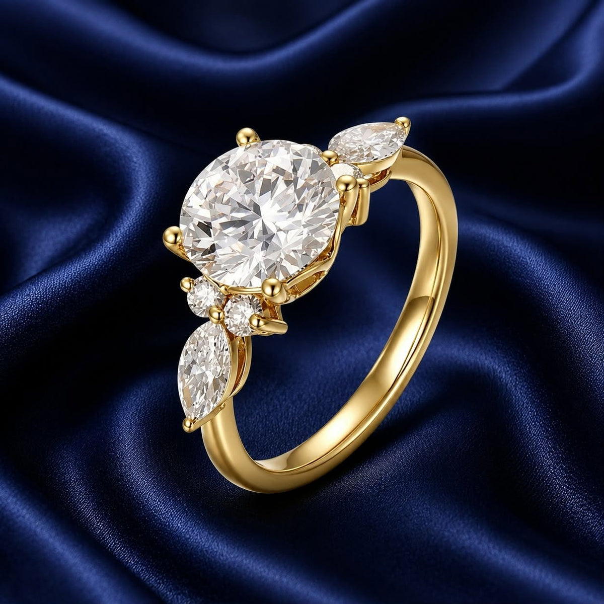 A yellow gold three-stone engagement ring with a round brilliant-cut center stone and marquise-cut side stones, displayed on a dark blue satin fabric background.